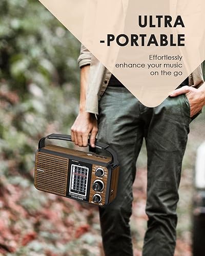 Miniatura 4 de AM FM Radio portátil de onda corta con Bluetooth, enchufe de pared o batería, radio recargable con recepción fuerte, conector para auriculares,