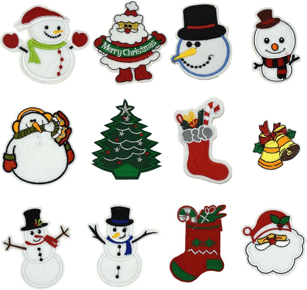 Ewinsun 12 Pcs Christmas Day, Snow Man Assorted Size Iron On Patches Sew On Decoration Patch for DIY Jeans, Clothing, Handbag, Hats