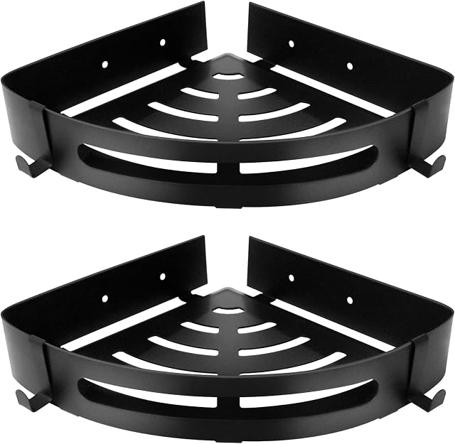 Bathroom Shower Corner Shelves, SUS 304 Stainless Steel Shower Caddy No Drilling, Adhesive Shower Shelf Storage Basket Organizer Wall Mounted for Shower Kitchen, with 4 Hooks, 2 Packs, Black