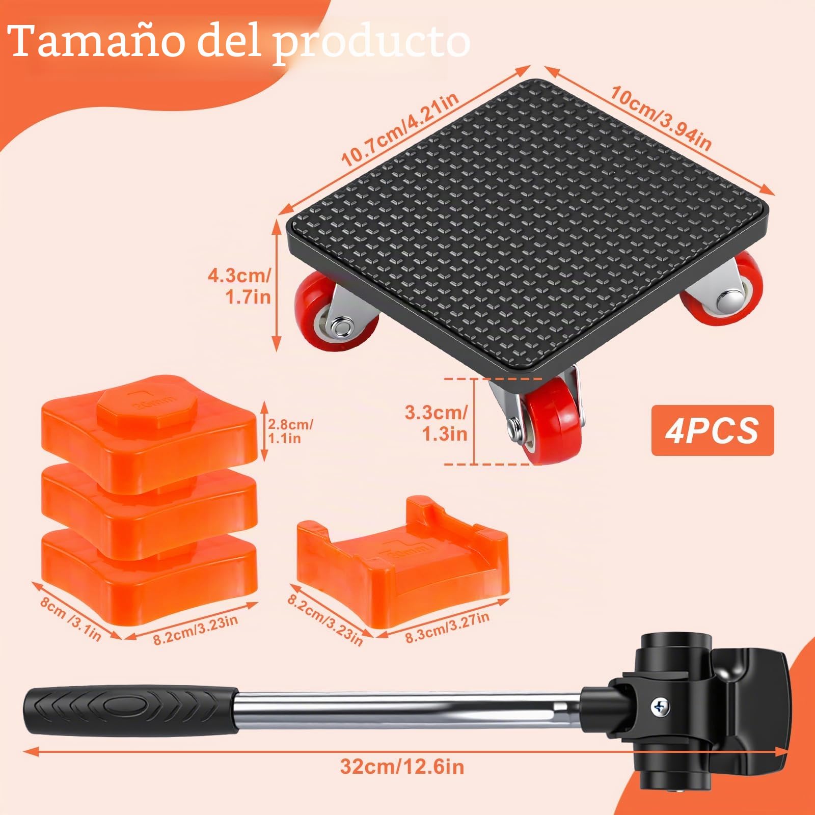 Kit Eelevador de Muebles Pesados, Juego de Ruedas de Transporte para Muebles, Transportador de Muebles con 4 Ruedas y Elevador, Carga Máxima 500kg, Ruedas para Mover Muebles y Objetos Pesados