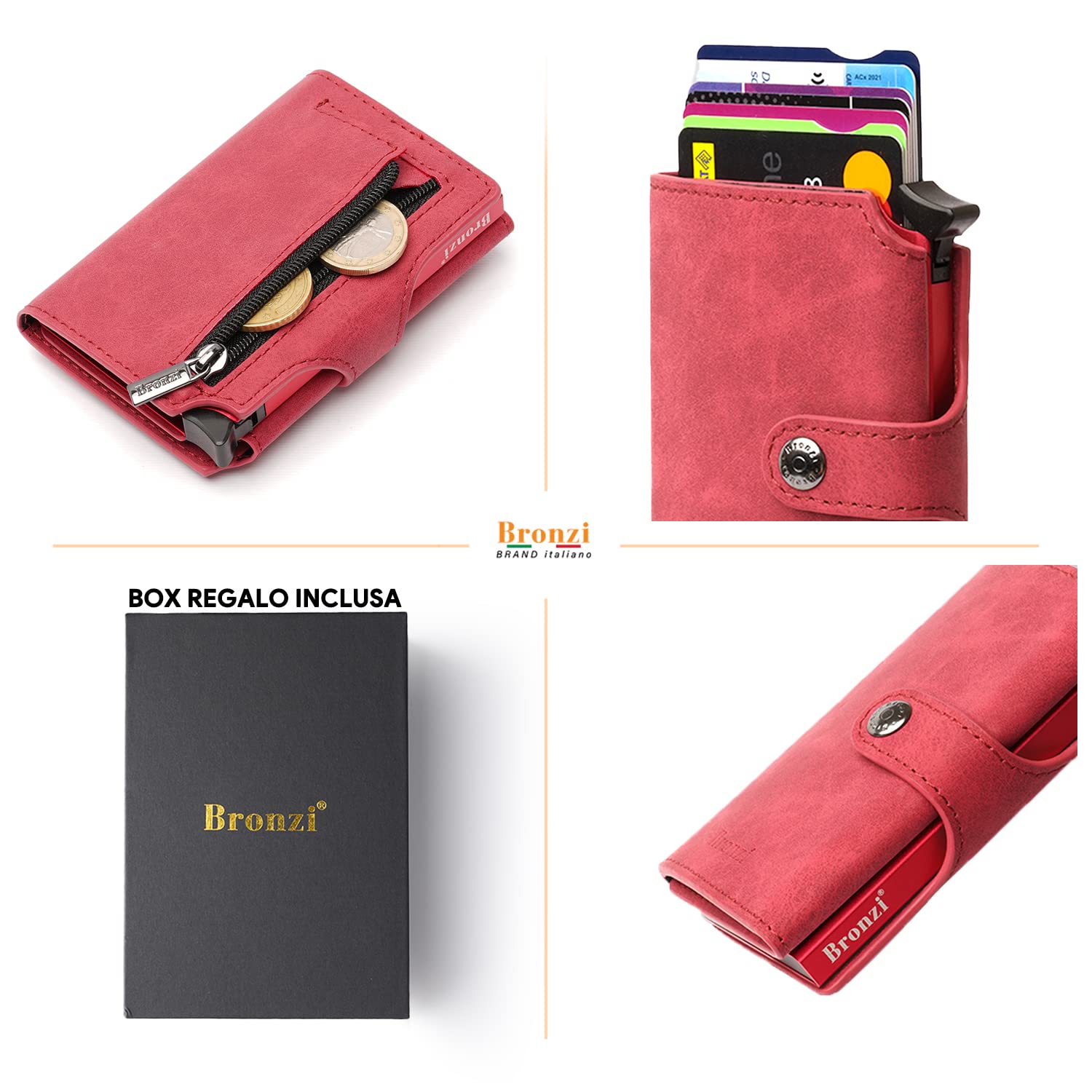 Bronzi Portafoglio Portafoglio Uomo Slim - In Pelle Marrone - Porta Carte Credito - Portacarte uomo - Mini Porta Tessere (Rosso)