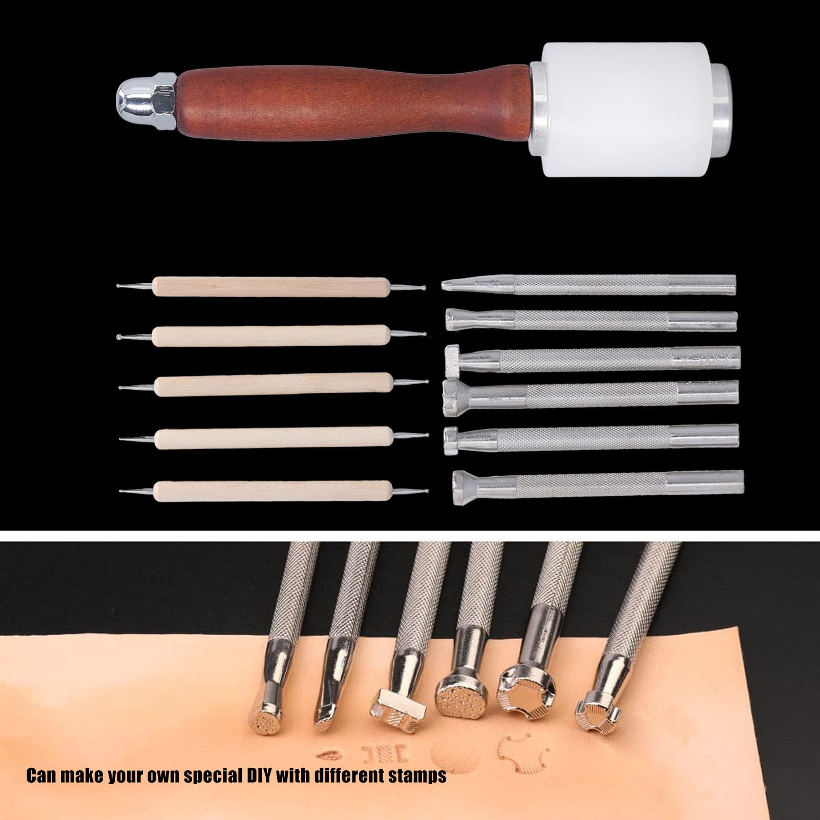 Juego de 12 herramientas de estampado de cuero, kit de trabajo artesanal de cuero, kit de herramientas de cuero hecho a mano con martillo de nailon de madera para hacer sillas de