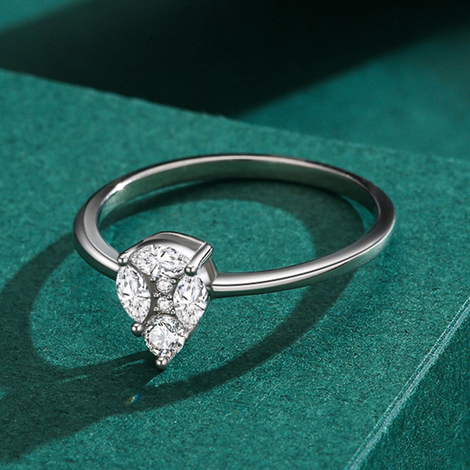 Anillos de amistad finos para mujer, dedo índice, elegante diseño de gota de agua con moissanita redonda de marquesa de 18 quilates, oro blanco de 18 quilates, talla 57 (18,1)