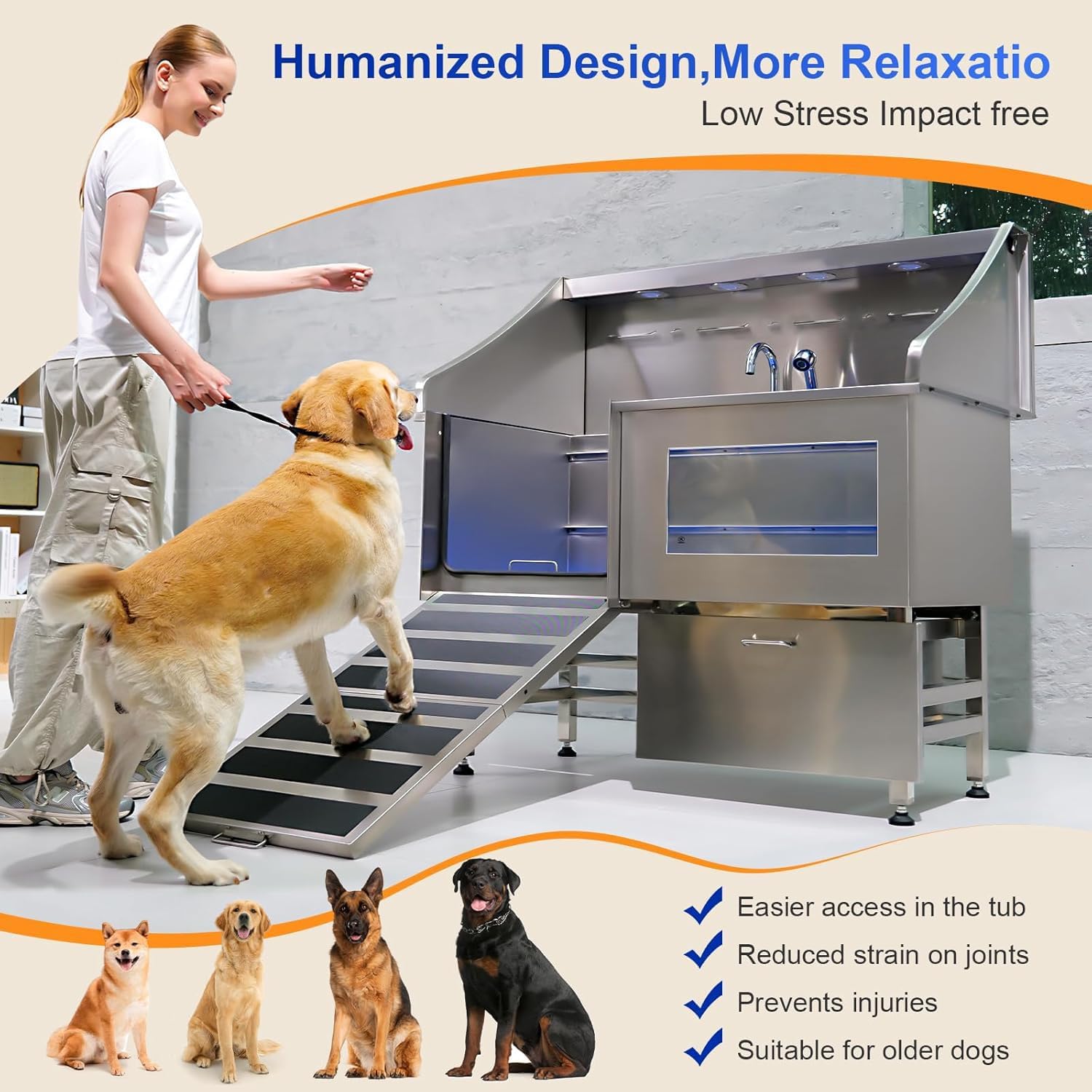50" Stainless Steel Dog Grooming Station with Ramp and Drawer