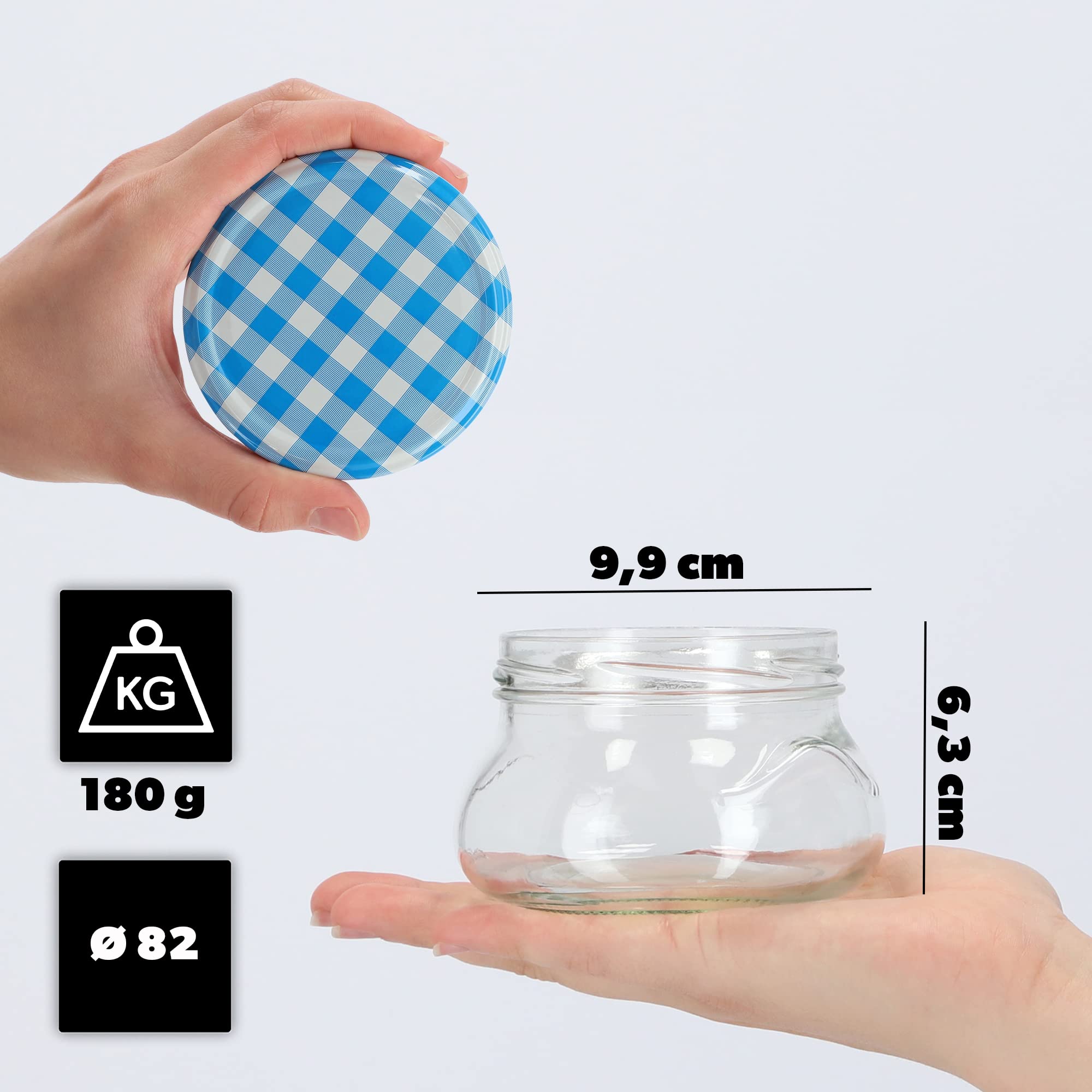 KADAX Kleine inmaakpotten, 300 ml, miniatuurpotten voor honing en specerijen, jampotten met deksel, luchtdichte potten om cadeau te geven (blauw geruit, 50 stuks