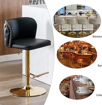 Adjustable Swivel Bar Stools Set of 4, Black Leather with Back