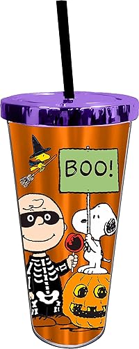 Spoontiques Taza de papel de aluminio acrílico con pajilla, 20 onzas, bloqueo metálico, aislamiento de doble pared, libre de BPA, cacahuetes de