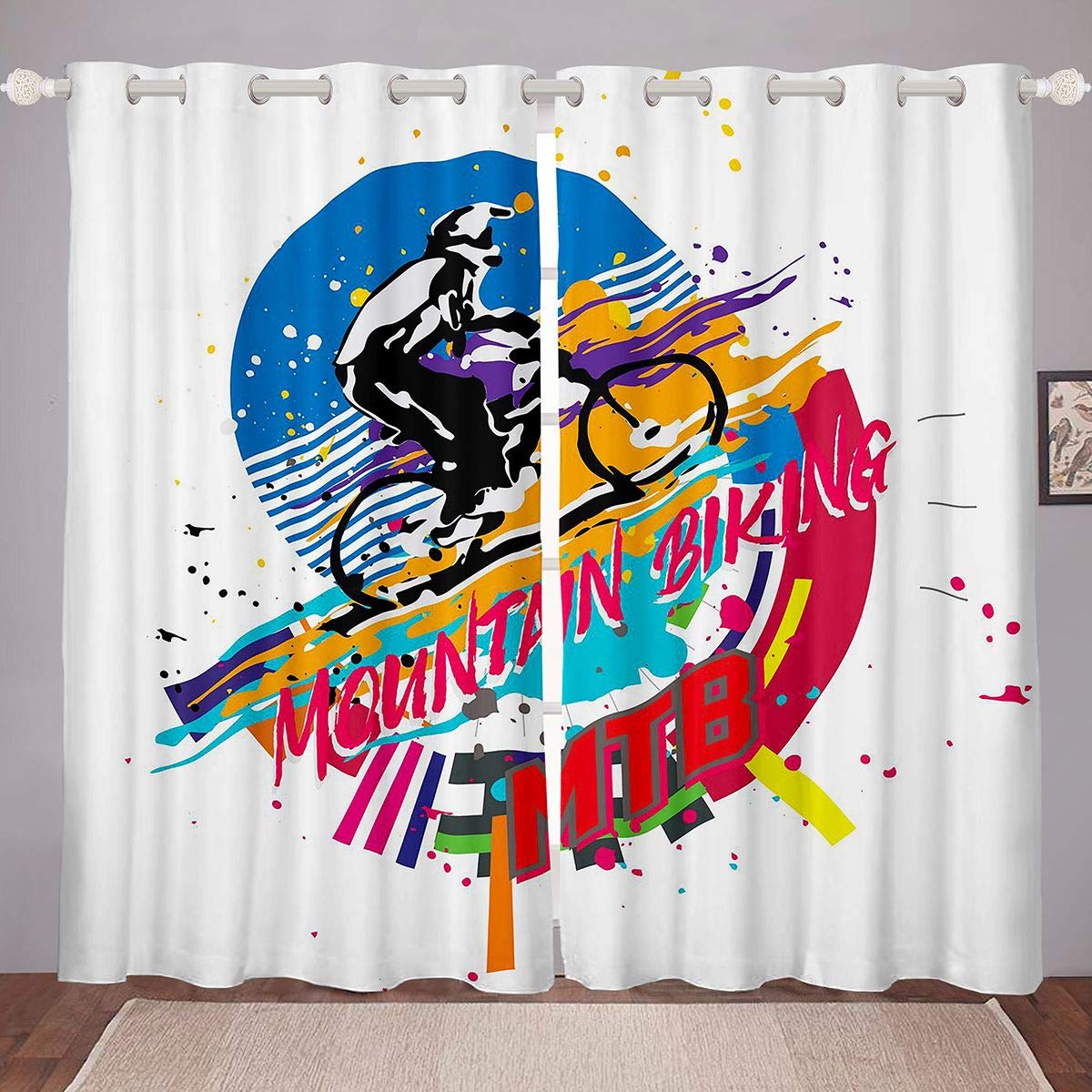 Homemissing Bicycle Rider Curtain Mountain Bike Window Treatments For Kids Children Teens Extreme Sports Theme Window Drapes Tie Dye Cool Style Window Curtain Bedroom Decor W66*L90 — image 1