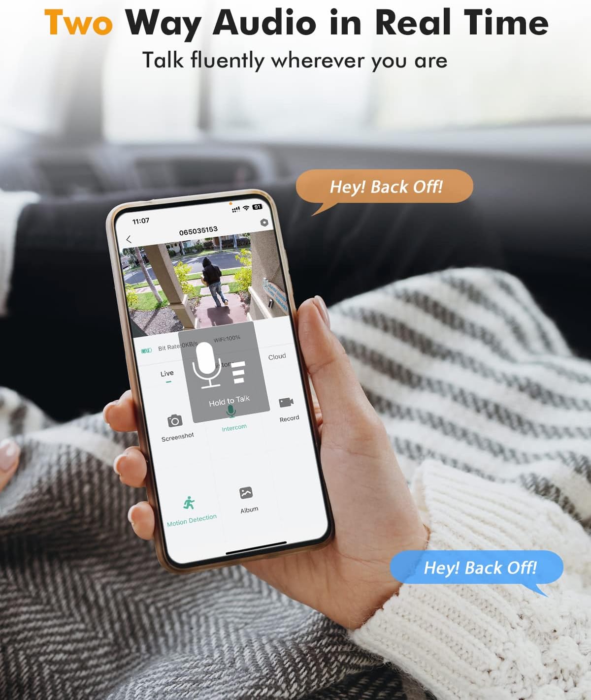 Smartphone screen showing two-way audio interface for YESKAMO QB320 Camera