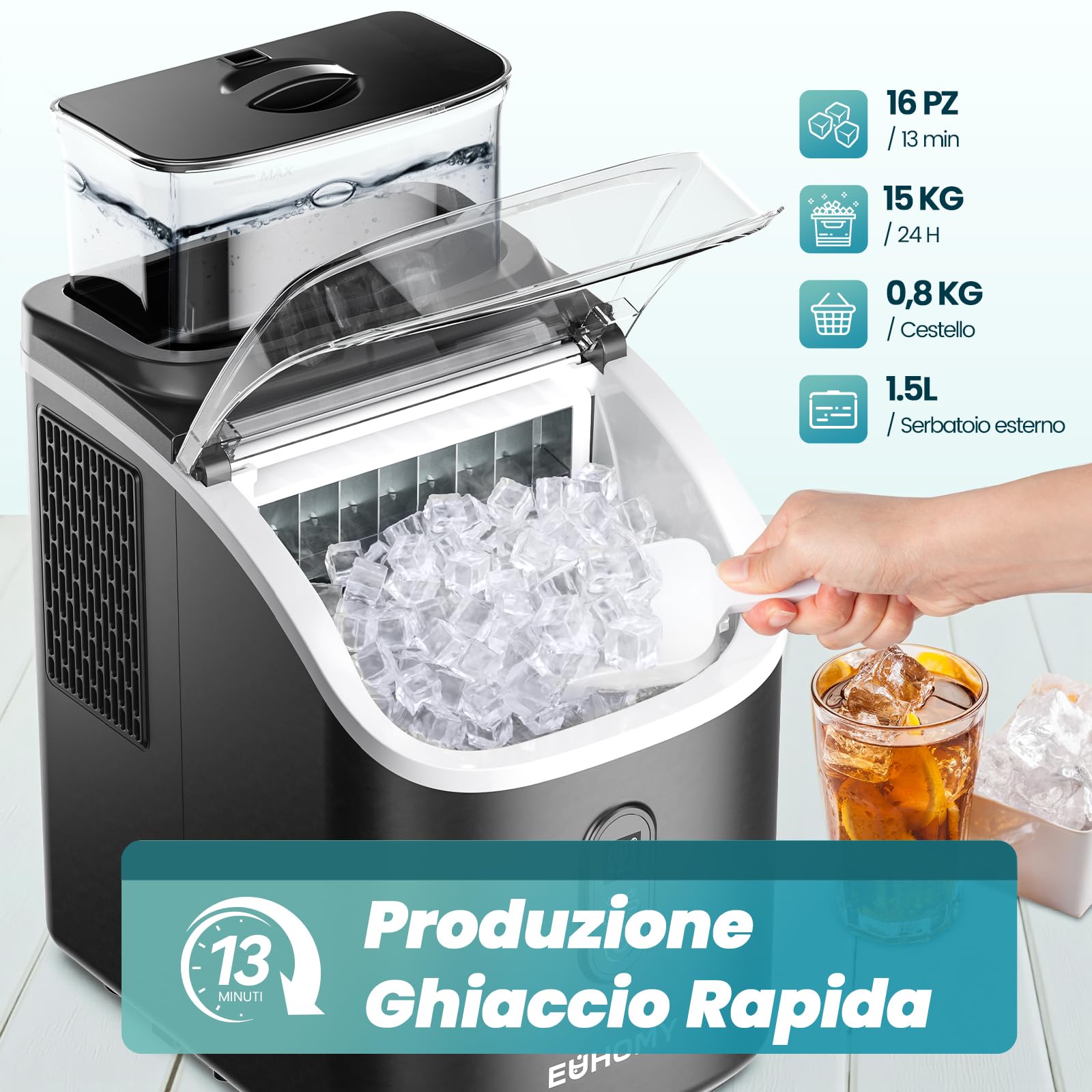 EUHOMY Macchina del Ghiaccio Casa: 15 KG/24H, 16 Cubetti in 13 Minuti Macchina per il Ghiaccio Autopulente, 1,5L con Paletta/Cestello, per Cucina/Ufficio, Nero