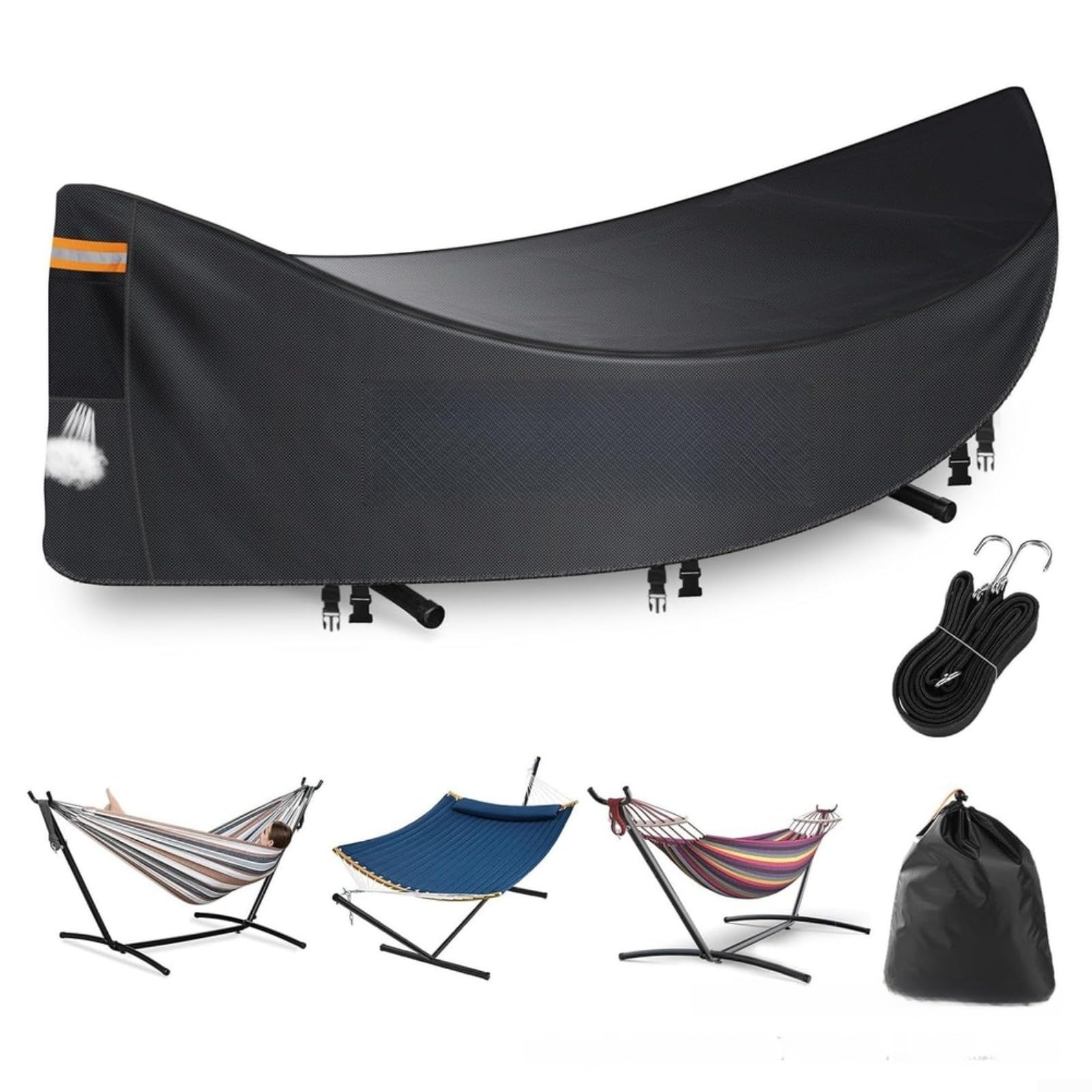 Housse de hamac d'extérieur en tissu Oxford imperméable 370 x 140 x 93 cm coupe-vent protection UV résistante aux intempéries avec boucles réglables et ourlets élastiques Noir (PVC 600D noir)