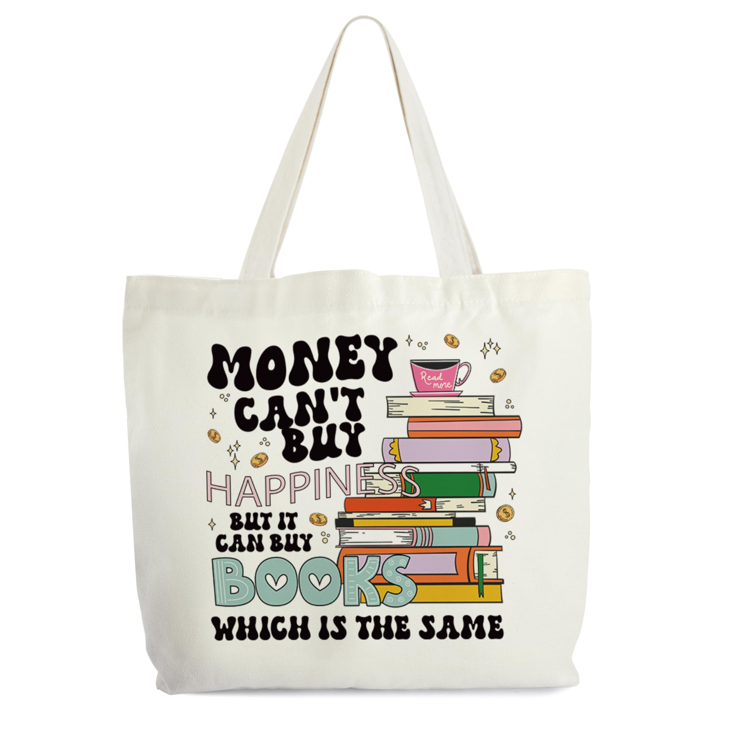 Bookworm Totes for Women, Money Can't Buy Happiness But It Can Buy Books Canvas Tote, Book Lover Gifts, Bookish Library Book Bag, Reading Shoulder Bag