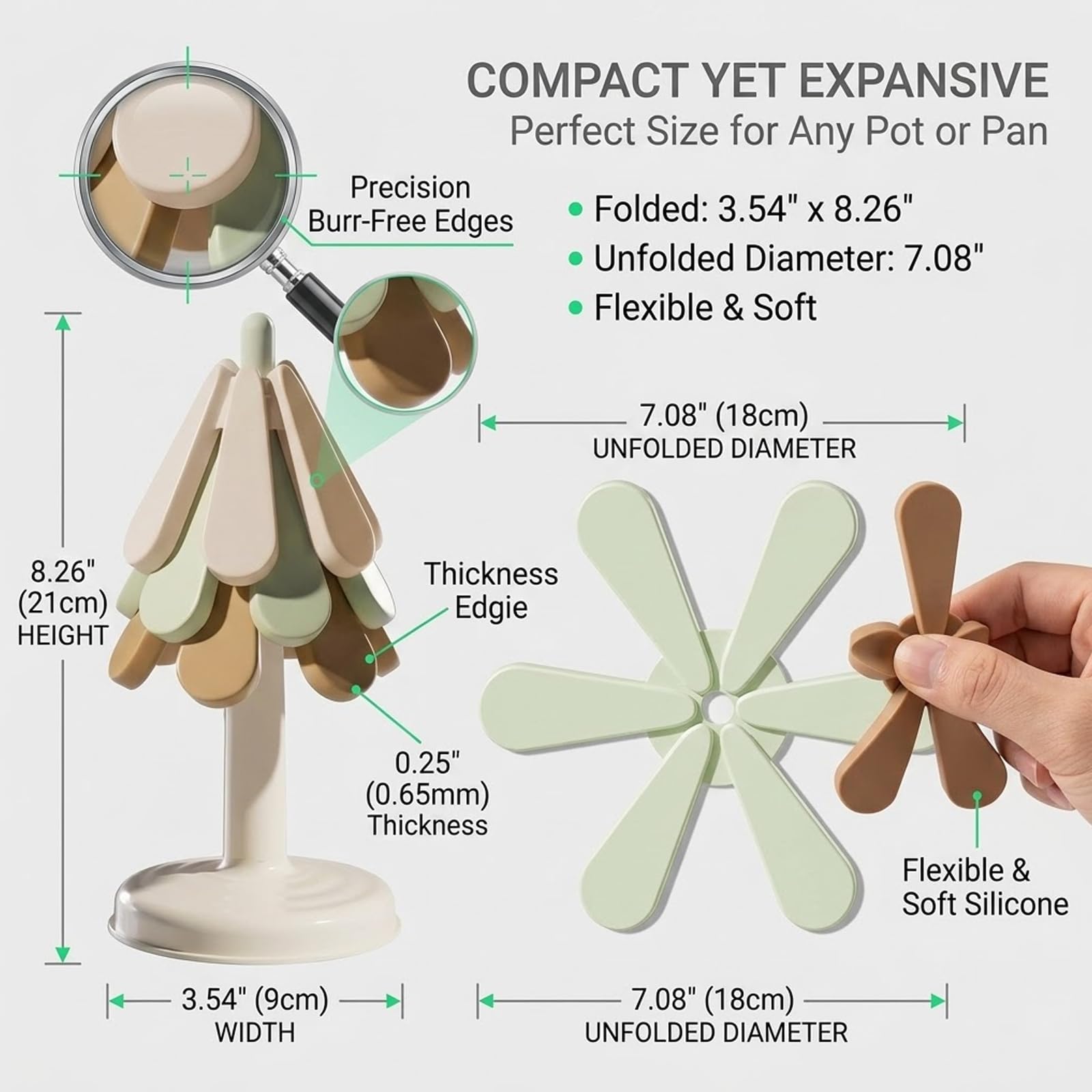 Sottopentola in silicone per piatti caldi, a forma di albero, antiscivolo, resistente, per pentole calde, padelle, ciotole e teiere, decorazione incontra la funzionalità (3 sottopentola + 1 supporto)