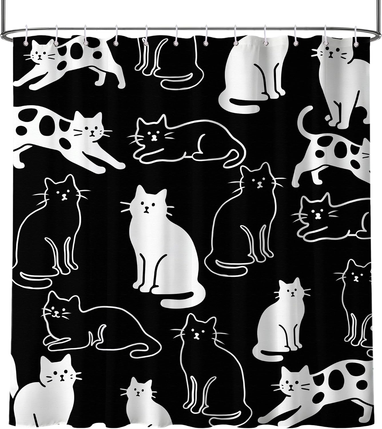 Cat Shower Curtain Cute Black and White Cat Shower Curtains for Kids Bathroom Decor, Waterproof Fabric 70 x 72 inch with Hooks