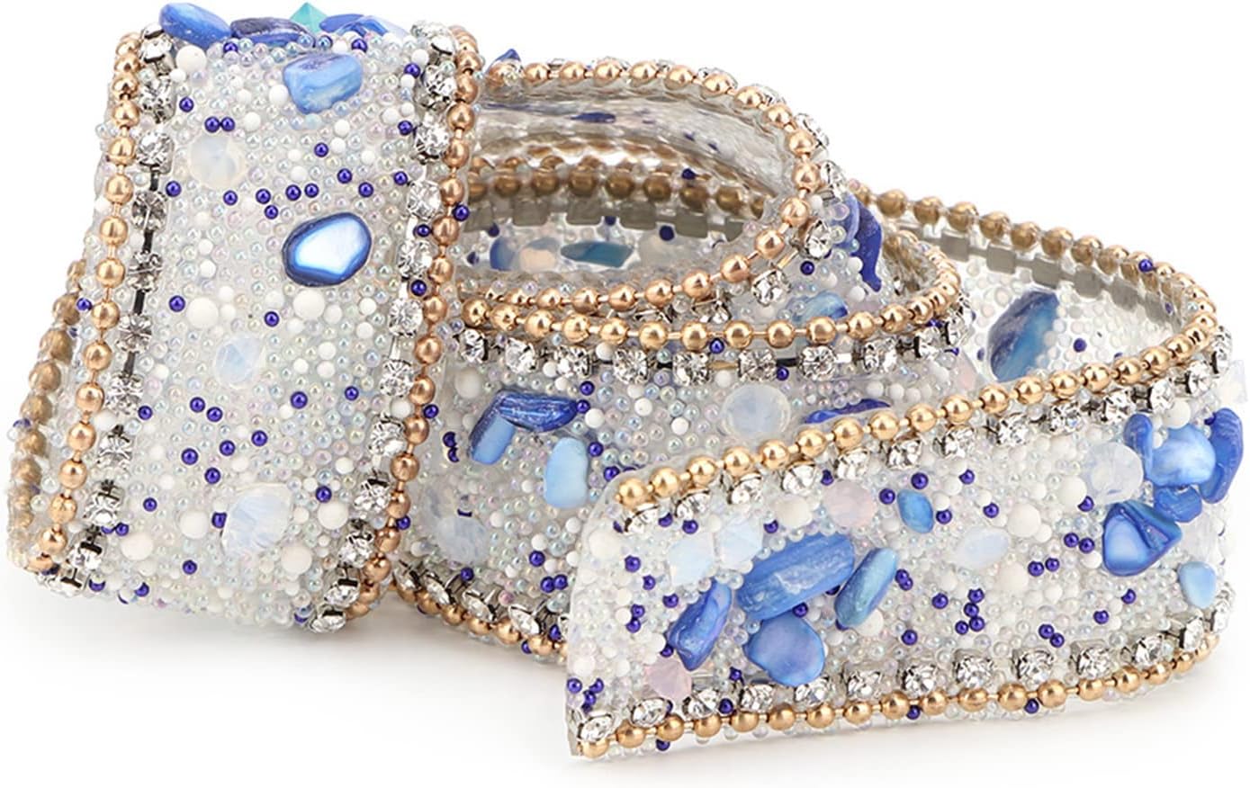 Diamond Ribbon, Dazzling 2.5cm DIY Diamond Mesh Wrap Roll Crystal Rhinestones Chain Trim Ribbon Decoration (Sapphire Blue Stone + Gold Bead Chain)