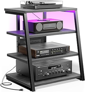 AV Media Stand with Outlets, Media Console with LED Lights, Stereo Racks and Stands with Storage Shelves, Media Audio Tower Stand, Light Grey Walnut