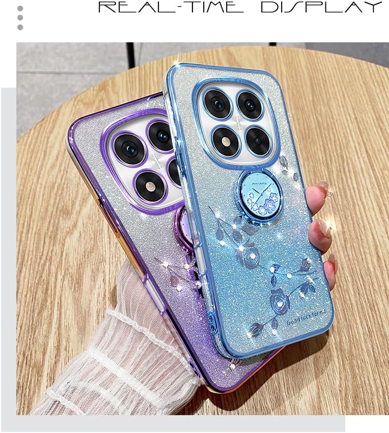 for Xiaomi Redmi Note 14 Pro Case for Women Girls, Luxury Plating Bling Glitter Sparkle Flowers Shockproof Case with Ring Stand for Xiaomi Redmi Note 14 Pro.Flowers Pink - Image 4