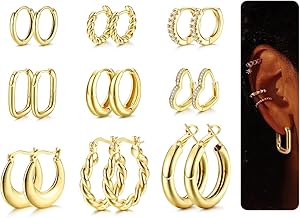 9Pairs Chunky Gold Hoops Earrings for Women 14K Gold Plated Hoop Earring for Women Lightweight Chunky Earrings,Small Gold Open Twist Heart Hoop Earring Set