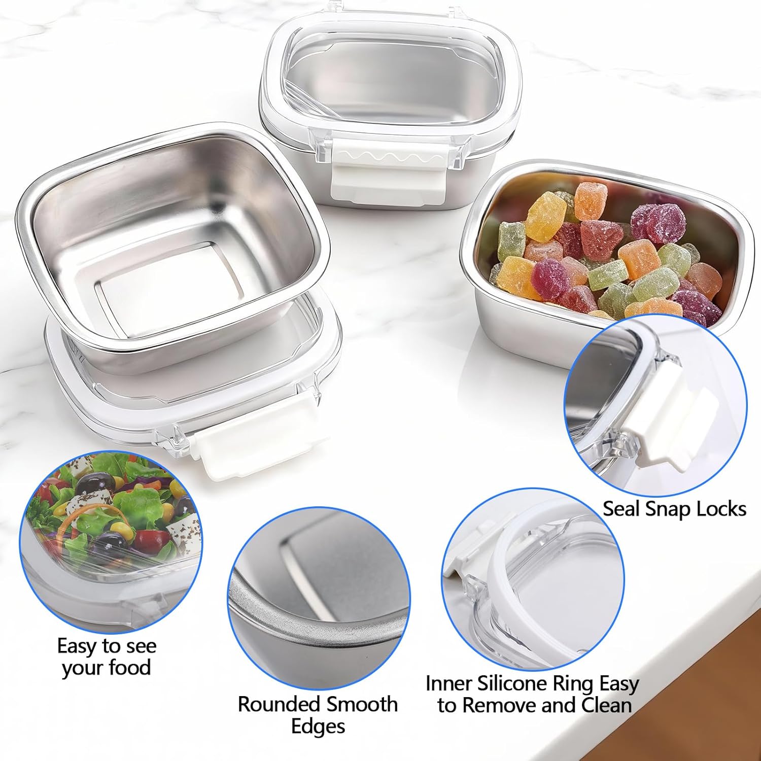 3 Piece Stainless Steel Containers with Lids, 8.5oz Food Storage Containers Leakproof Lunch Small Snack Boxes, Reusable Meal Prep Containers Suitable for Dips, Condiments, Snacks - Image 4