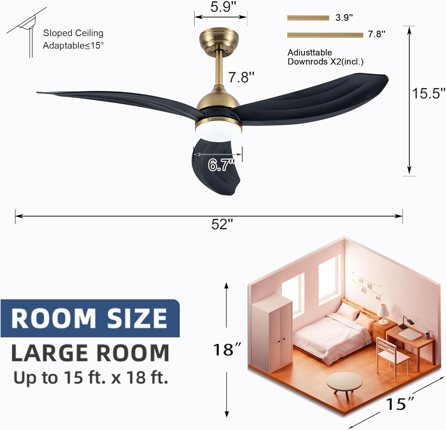 52 Inch Ceiling Fan with Light and Remote Control,6 Speed,Reversible,3000k-6000k Dimmable LED,Quiet DC Motor Ceiling Fans with Lights for Bedroom Living Room Kids Room Kitchen