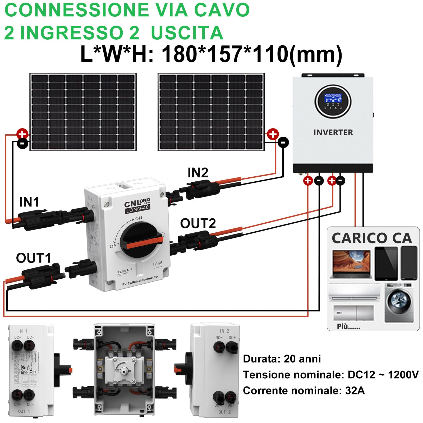 Sezionatore solare 32 Amp DC1200V 2 ingressi 2 uscite Interruttore di Separazione con involucro impermeabile IP66 per sistemi solari su tetto, camper e barche