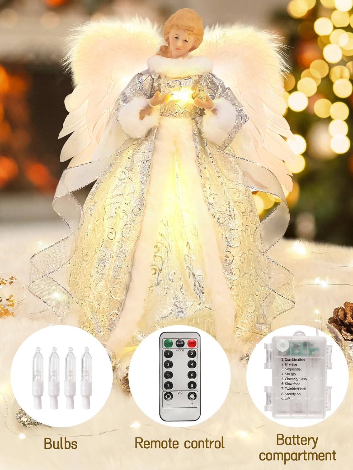 HOHOTIME 14'' Angel Tree Topper with White Feather Wings and Silver Skirt, Christmas Tree Topper with LED Light for Xmas Tree Top Decor Holiday New Year Home Ornament Decorations - Image 5