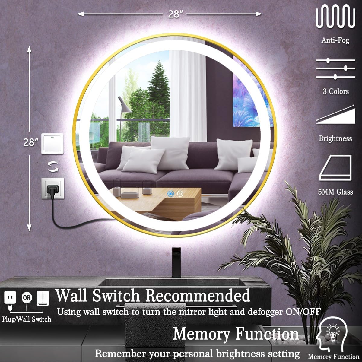 28 Inch Gold Round Vanity Mirror with Lights Gold Frame Circle Lighted Mirror for Bathroom Salon Wall 28" Golden Circle Round LED Light up Mirrors Smart Touch Memory 3 Color Dimmable AntiFog