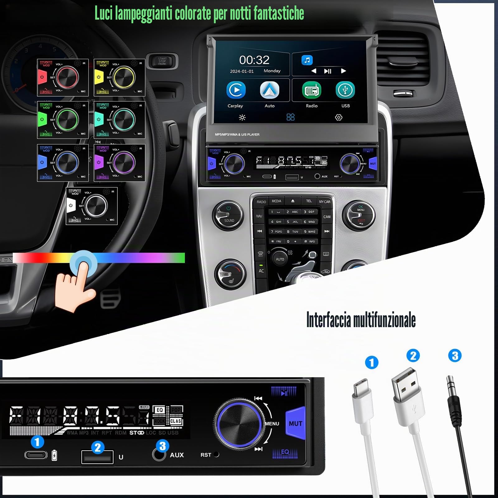 CAMECHO 1 Din Auto con Wireless Carplay HD Touchscreen, 7 Pollici Bluetooth Radio Manuale Schermo Estensibile con Android Auto FM/AM/RDS Handsfree Mirror Link Controllo del Volante