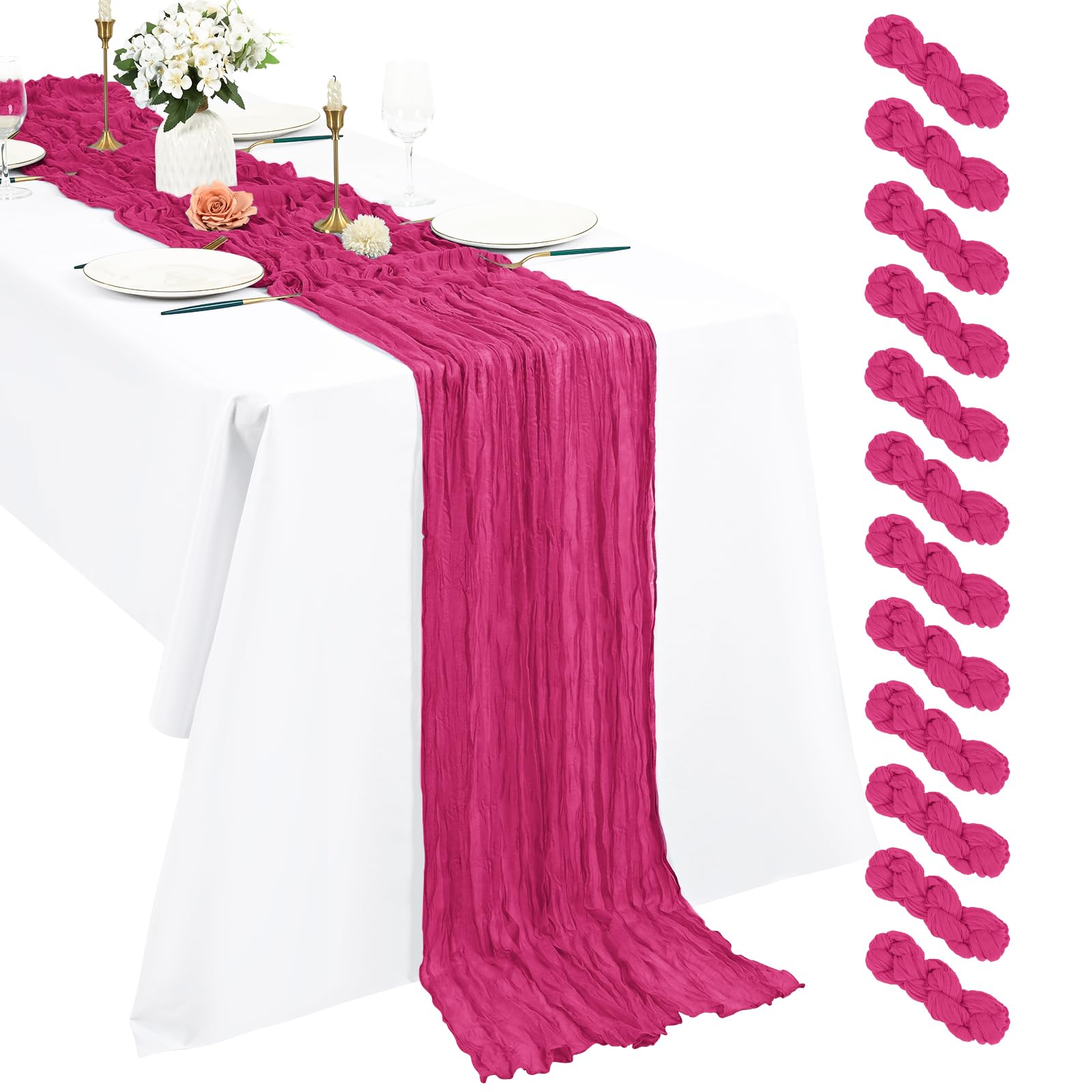 Pesonlook 12er Set Gaze-Tischläufer für Hochzeiten, 55 x 300 cm, Heißrosa