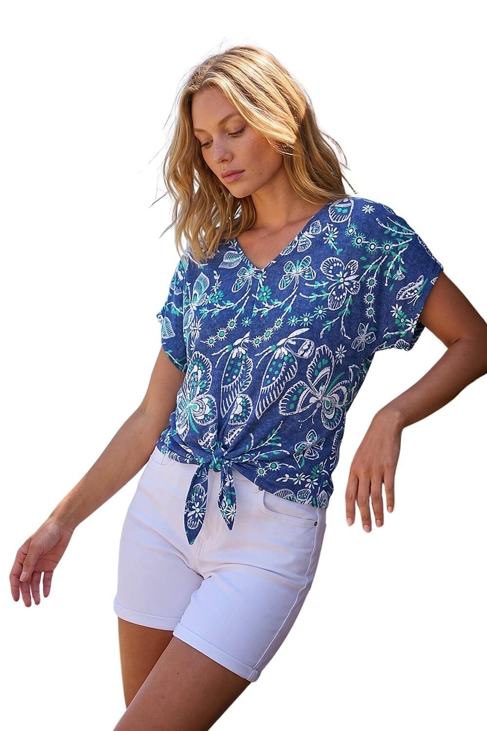 Roman Textured Print Tie Hem Top - Blue - Short Sleeve V-Neck - Size 20