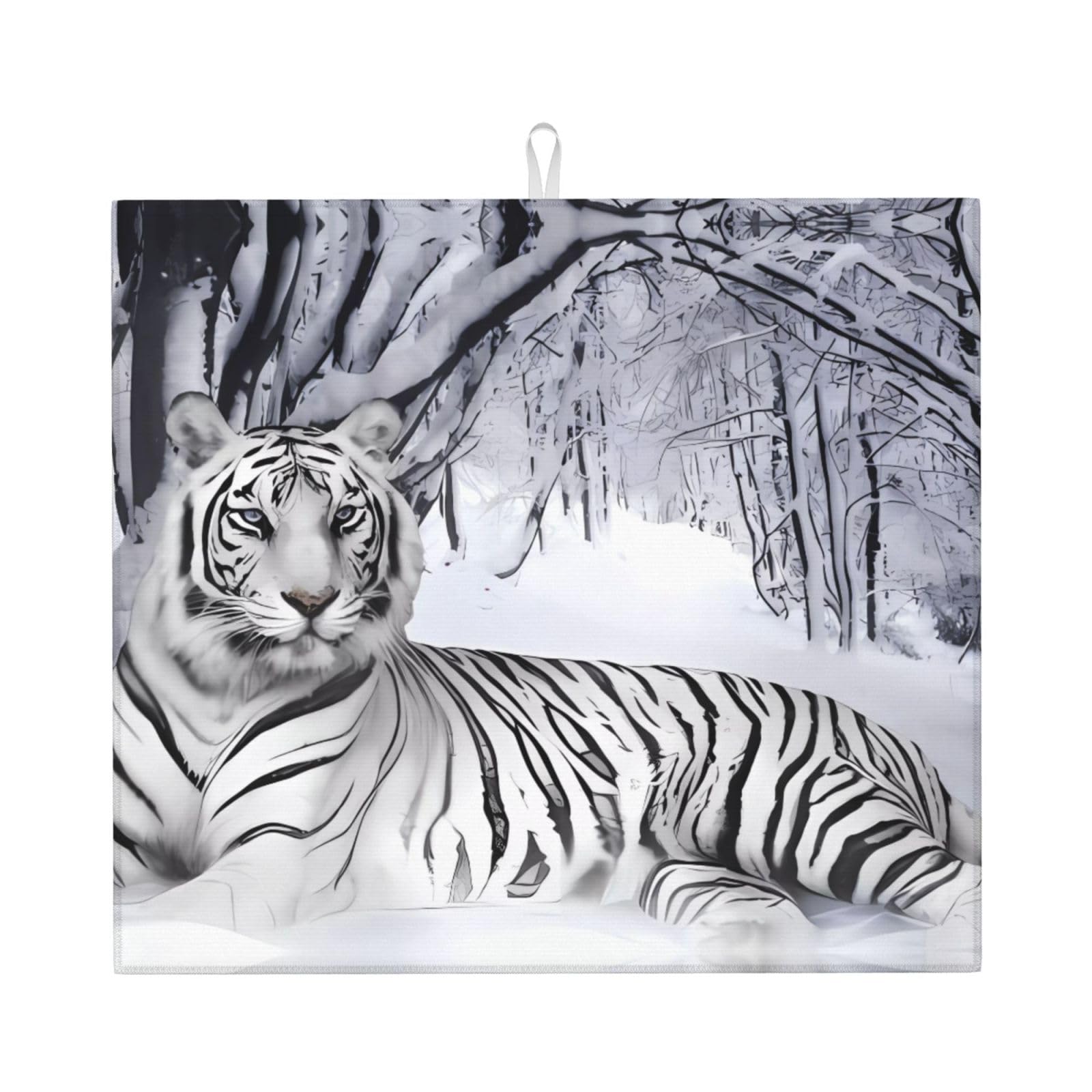 WHJSSF White tiger Prints Kitchen Drying Mat – Absorbent Dish Throw for Countertops, Quick-Dry Non-Slip Layer with Stylish Prints, Ideal Housewarming Gift