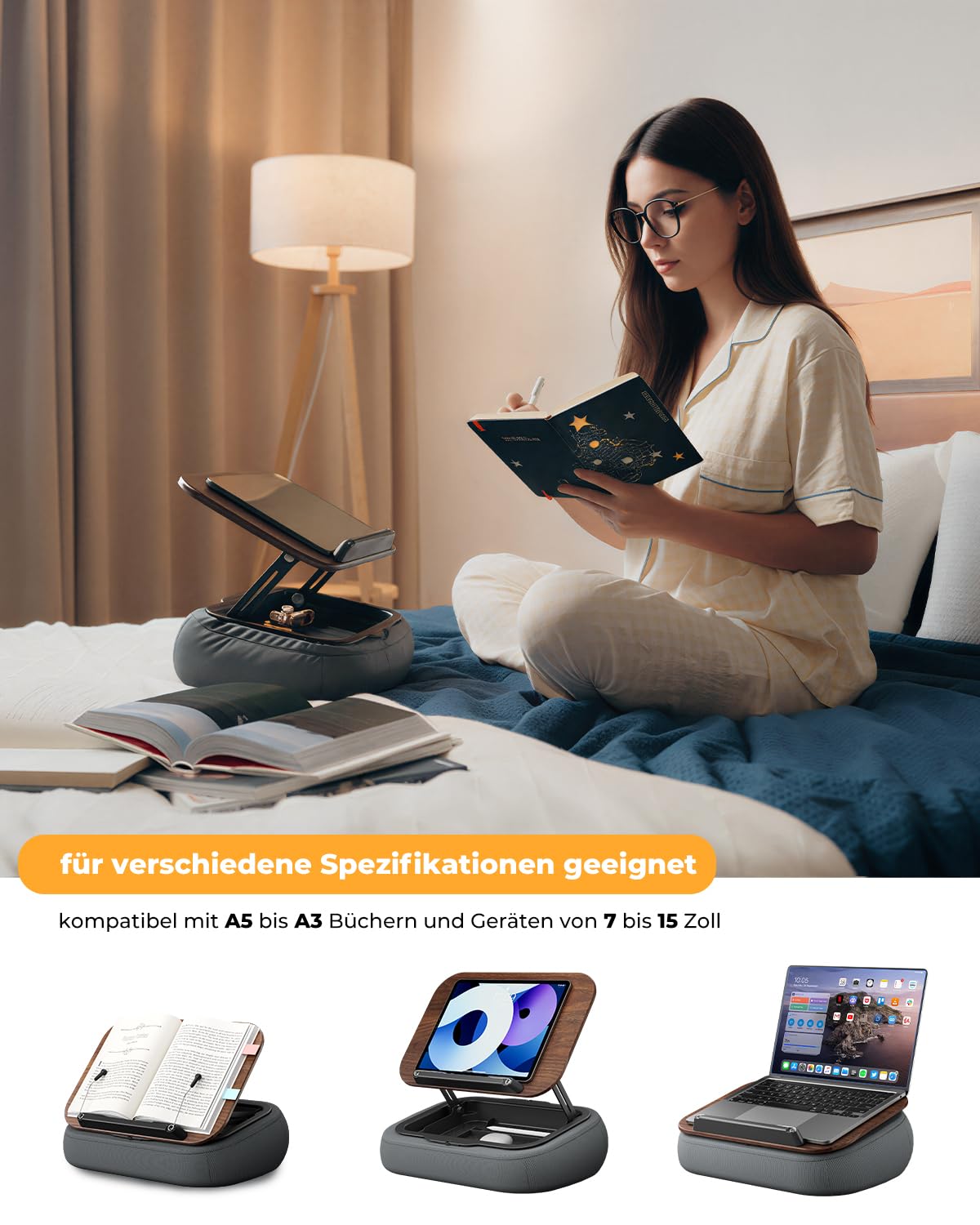SupeDesk Supporto per libri da leggere, regolabile, per letto, divano, scrivania, morbido cuscino da lettura con clip laterale e spazio di archiviazione, pieghevole, a mani libere, essenziale per gli