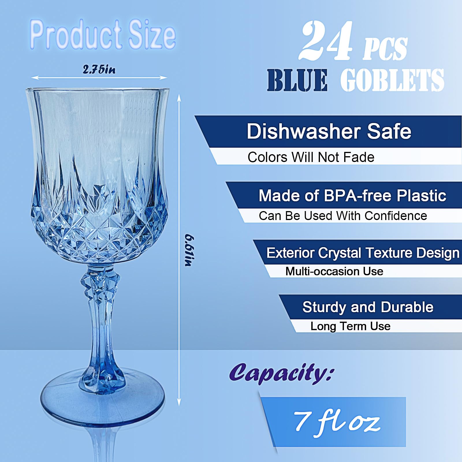Veiuwa 24 PCS Blue Plastic Wine Glasses,Reusable Plastic Wine Glasses,Blue Goblet Glass,Durable and Sturdy Cups Can Be Used for Various Parties Such as Weddings!