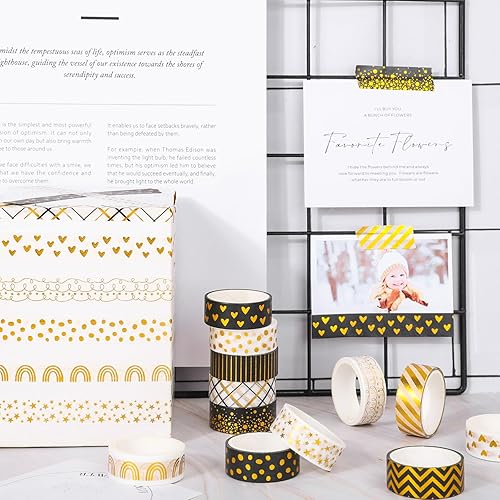 Miniatura 5 de Whaline Juego de 12 rollos de cinta adhesiva con patrón de lámina dorada, diseño de corazón y puntos de arcoíris, cinta adhesiva decorativa para