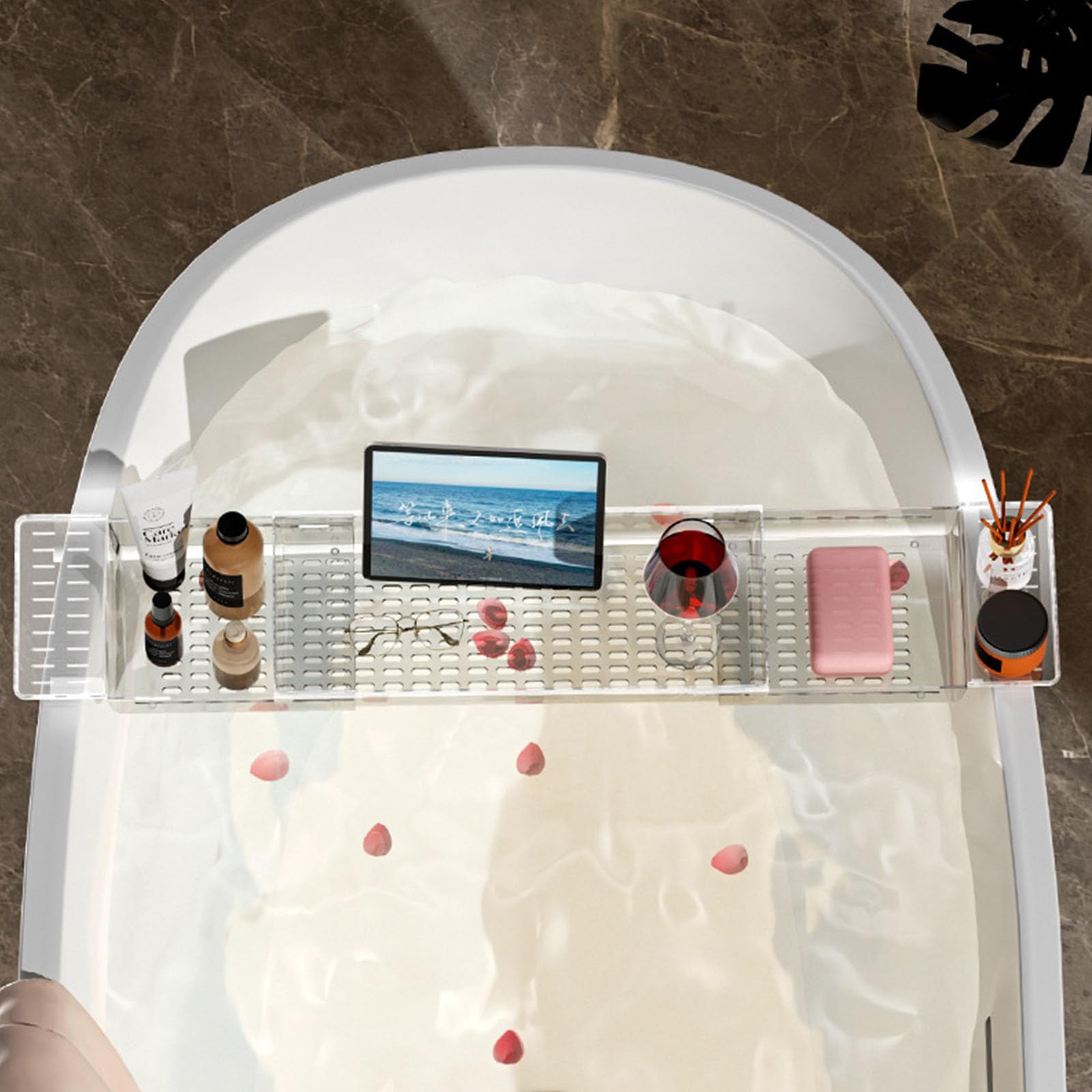 Bandeja de bañera multiusos con soportes para vino y libros, estante de baño de lujo para relajación, experiencia de spa y uso diario para madres y amantes del cuidado personal