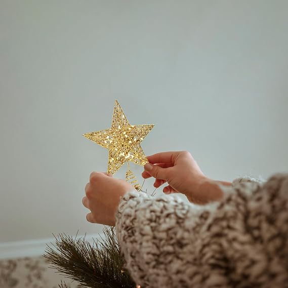 KEYIDO Small Star Mini Tree Topper Gold Star for Christmas Tree Metal Xmas Stars Toppers for Top of Tree Ideas Ornament Glitter Decor on Tree 15 * 12 cm