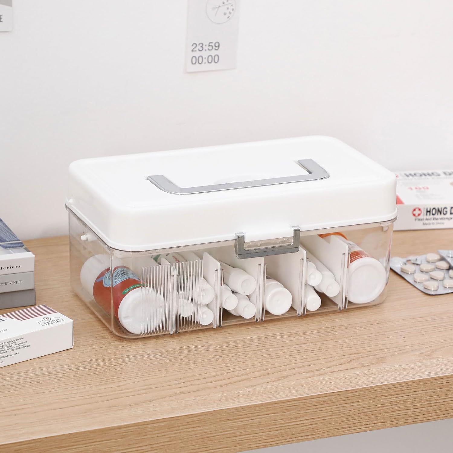 2 Pack Clear Bandages Organizer Container with Handle, Plastic Bandage and Tapes Storage Box for Bathroom Medicine Cabinet, First Aid, Personal Care, Strip, Ointments Holder