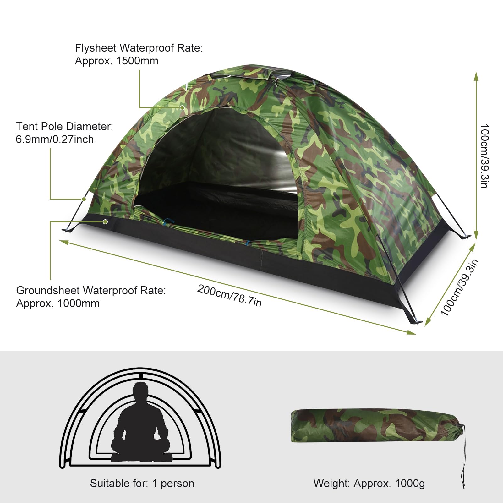 Tente pop-up camouflage, tente dôme étanche, tente de camping for 1 personne, légère, 100 % protégée contre les UV, tente de randonnée familiale en plein air avec sac de transport for le