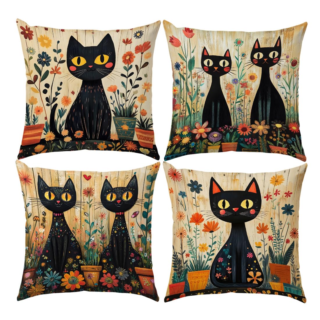 LANBEIDE Black Cat Cushion Cover, 45x45cm Set of 4 Gothic Cat Flowers Pillow Cover Outdoor Throw Pillow Case Decor Home Livingroom Sofa Couch 18"x18" — image 1