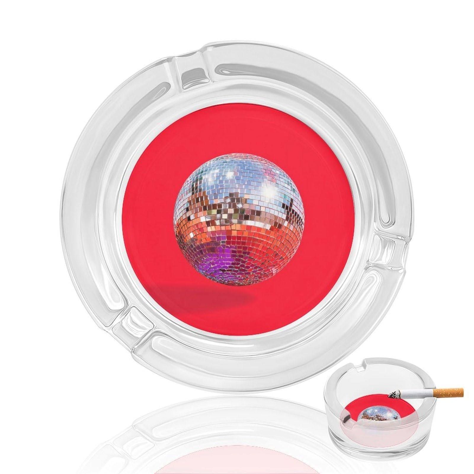 Disco Ball on Red Glass Ashtray for Cigarettes Portable Decorative Ash Trays for Home Office Decor