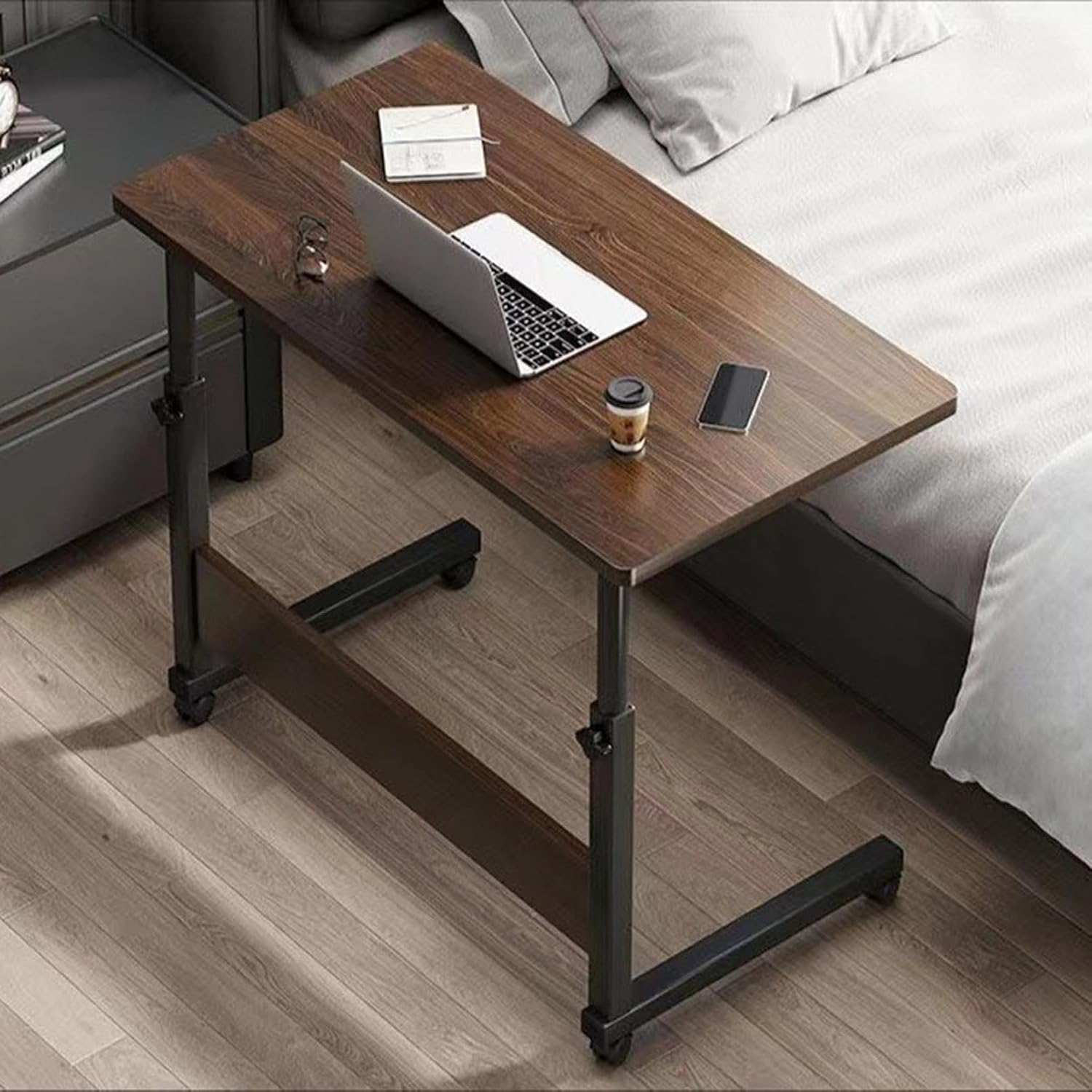 C-Shape Overbed Table with Wheels - Portable Laptop Desk - Lightweight Height Adjustable Table for Eating, Reading, Working from Home and Hobbies