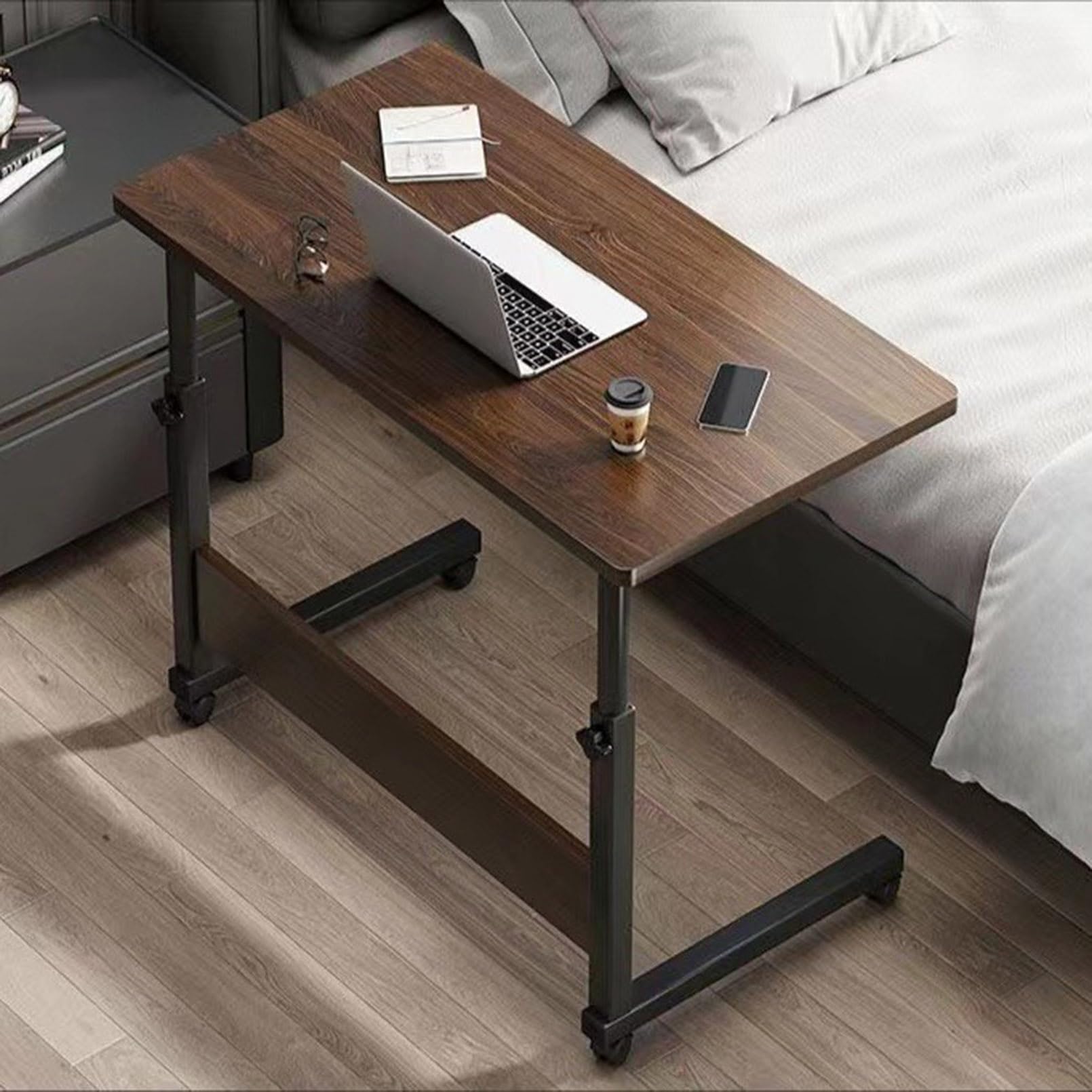 Tavolino da Letto con Ruote, comodini a Forma di C - Scrivania Portatile per Laptop per Mangiare, Leggere, Lavorare da casa - Tavolo Leggero Regolabile in Altezza per Hobby