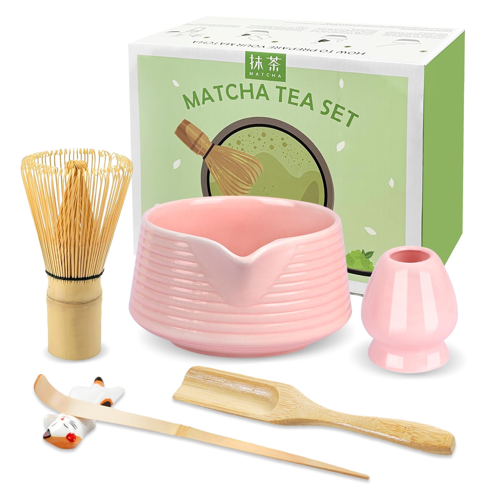 JBER Matcha Besen Set, Matcha Set - Bambus Matcha Besen und Besen Halter, Matcha Schale mit Auslauf, Matcha Löffel und Halter, Japanisches Matcha Tee Set 6-Teiliges für Matcha-Liebhaber, Rosa