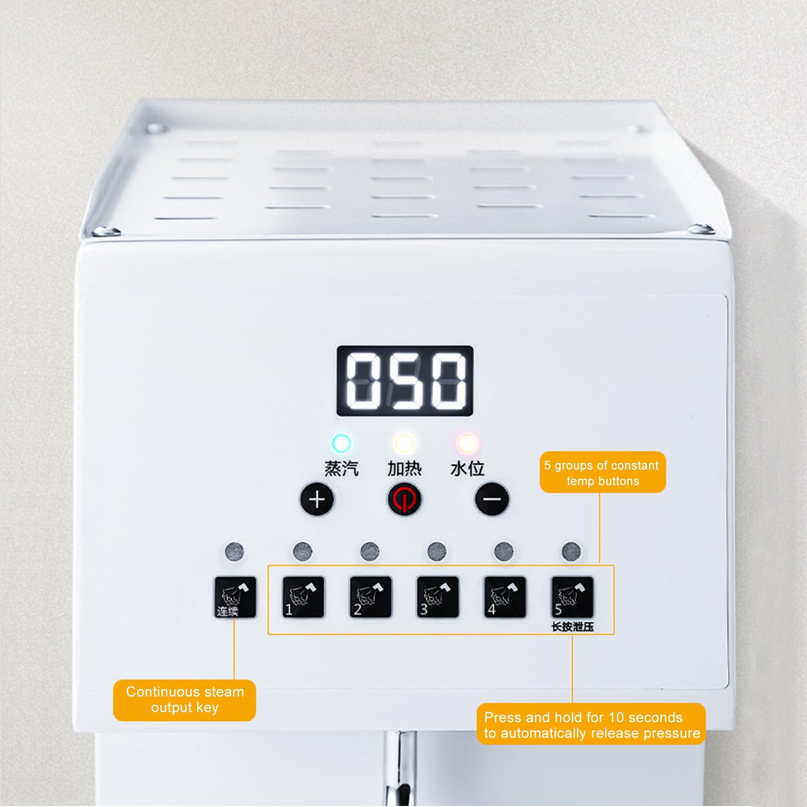 Espumador de leche eléctrico comercial de 2500 W con pantalla LED, tanque de acero inoxidable de 6 L y pulverizador de vapor de 360°.