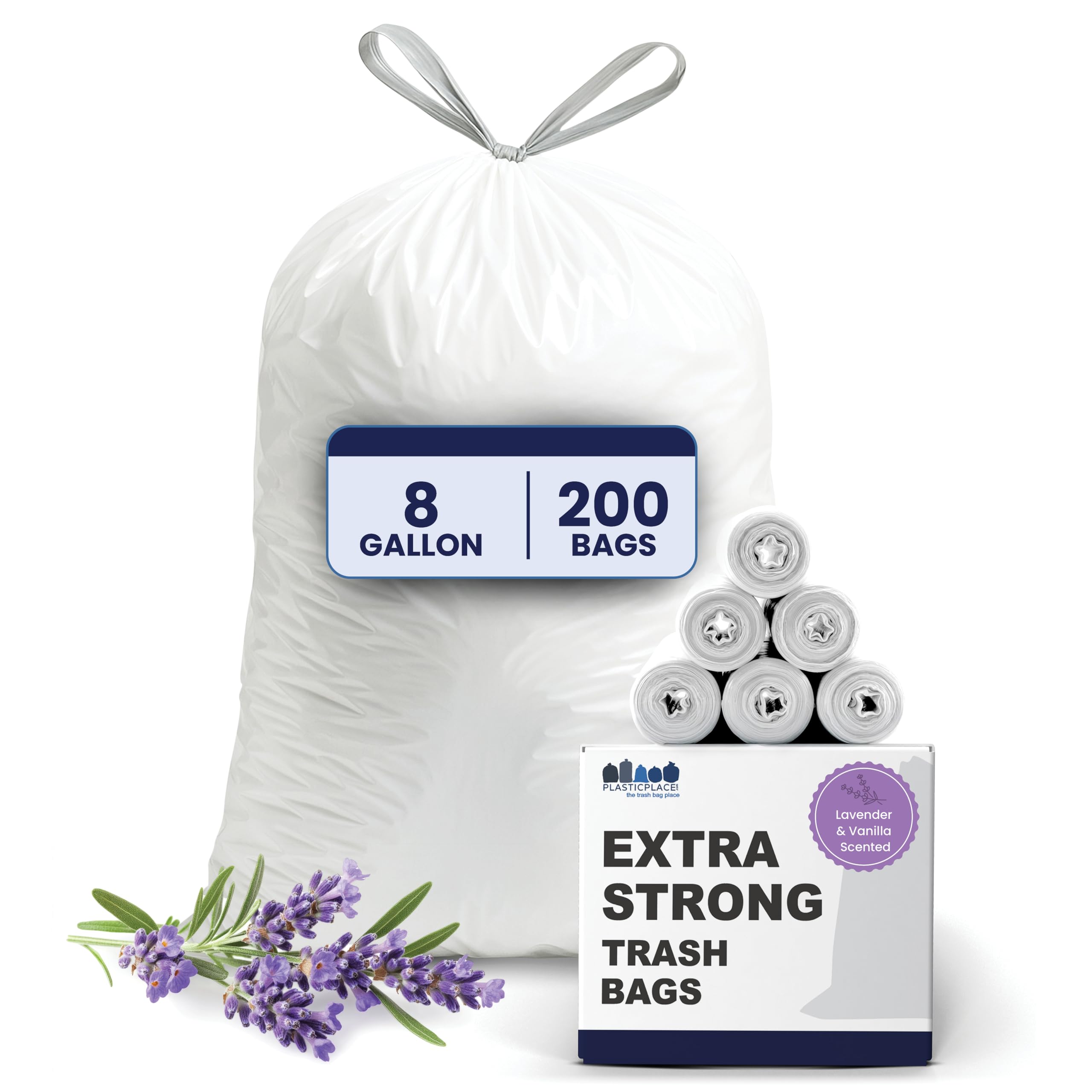8 Gallon Trash Bags │ 0.7 Mil │ Lavender and Soft Vanilla Scented Garbage Can Liners │ 22" x 22" (200 Count), White