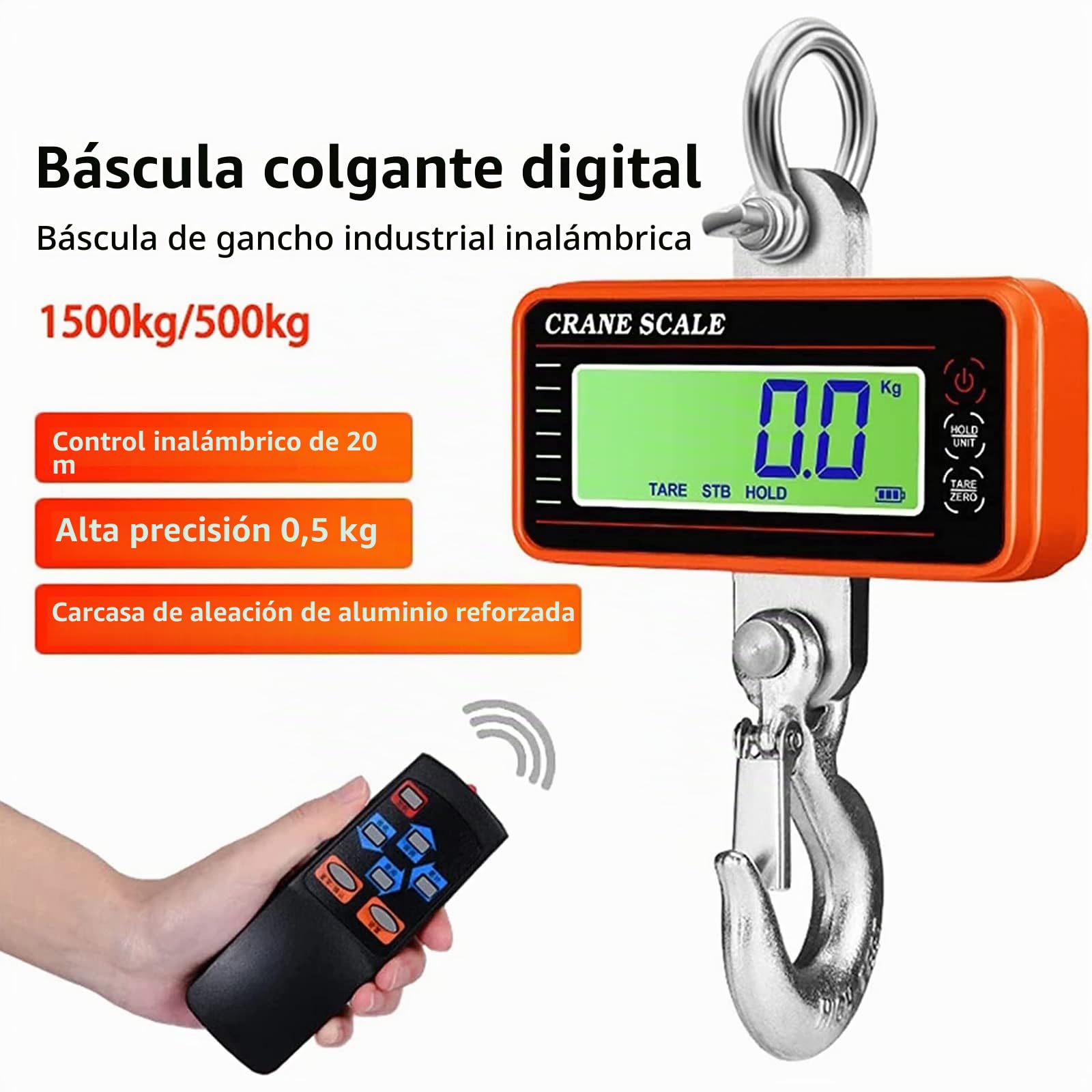 Báscula de grúa Electrónica 1500KG, Báscula Colgante Portátil con Pantalla LCD y Control Remoto, Balanza Digital de Alta Precisión, Industrial Escala con Gancho Resistente para Granja Caza (Naranja)