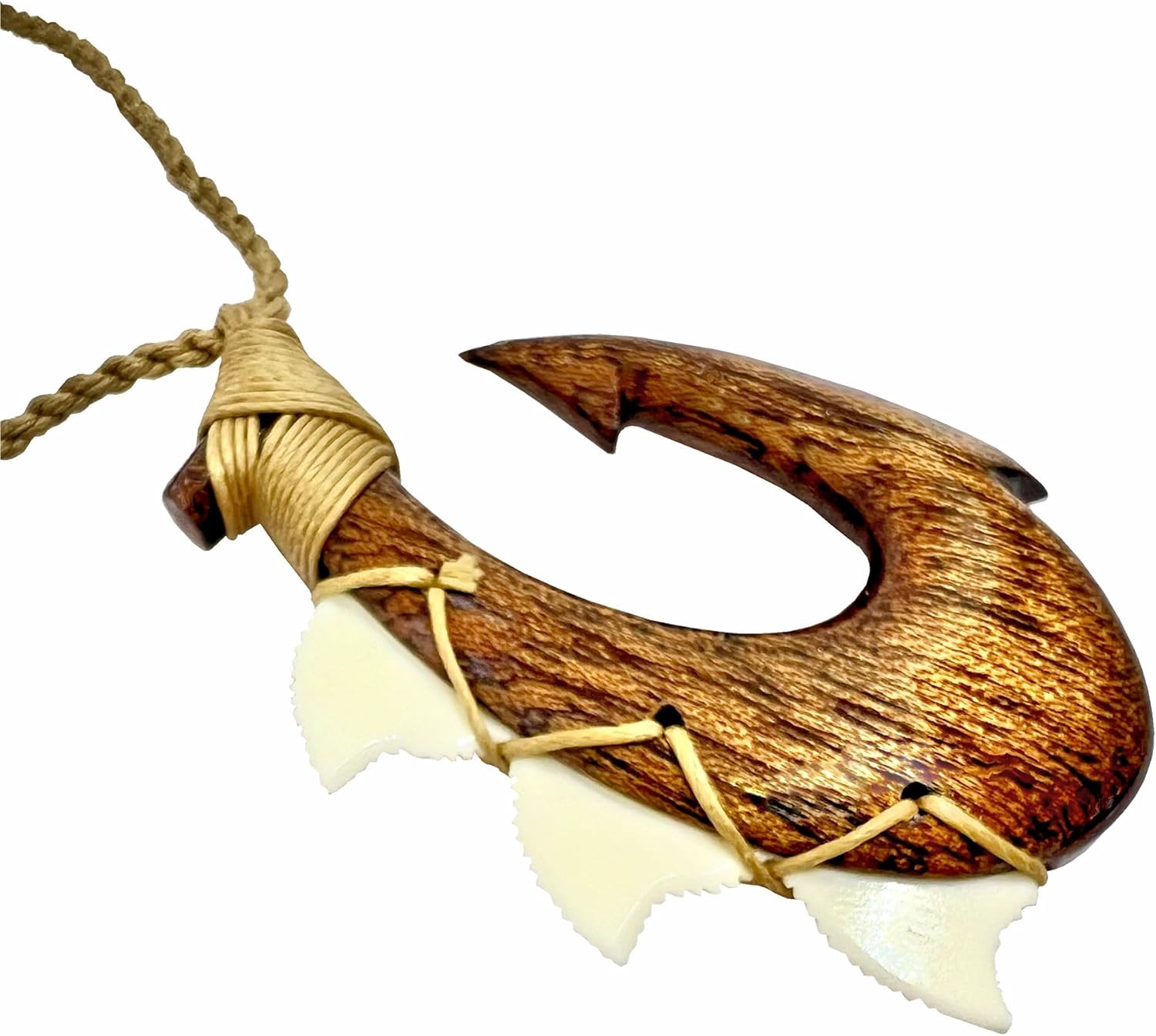 Hawaiian Koa Wood Shark Tooth Fish Hook Necklace
