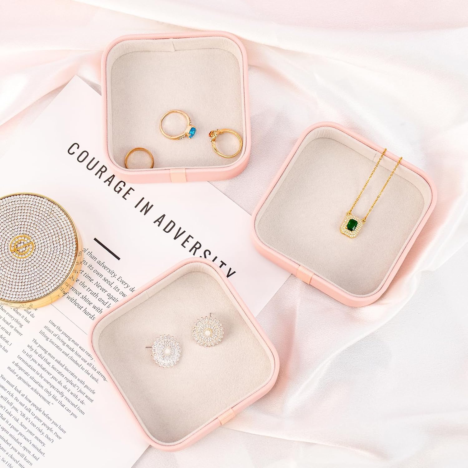 SANQIANWAN Set of 3 Small Stackable Jewelry Organizer Trays Mini Jewelry Drawer Oragnizer Small Jewelry Display Tray for Necklace Bracelet Rings Earrings and Makeup (LightPink) - Image 4