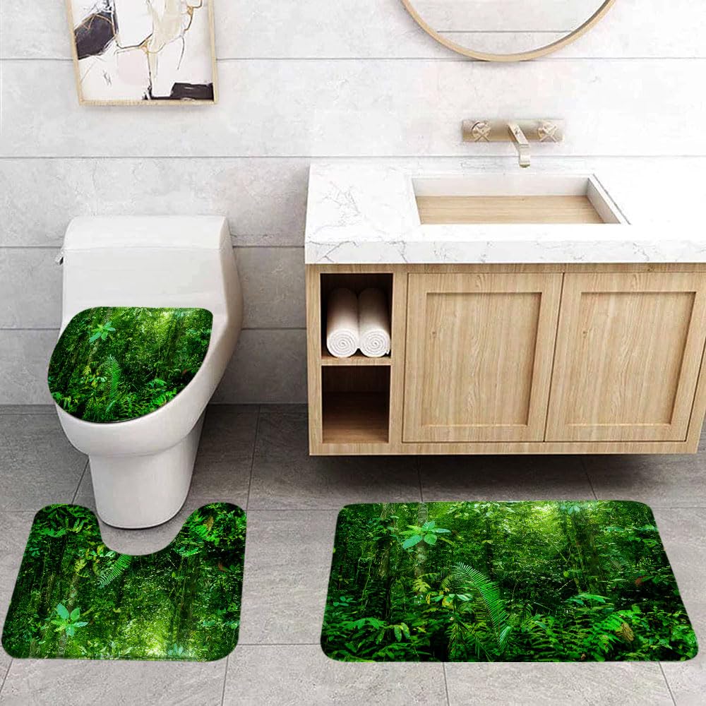 VPUPCN Tropical Rainforest 3 Pcs Bath Rugs Set,Green Palm Plnat Nature Jungle Landscape Lush Tree Forest Botanical Bathroom Kitchen Rug with 17.8