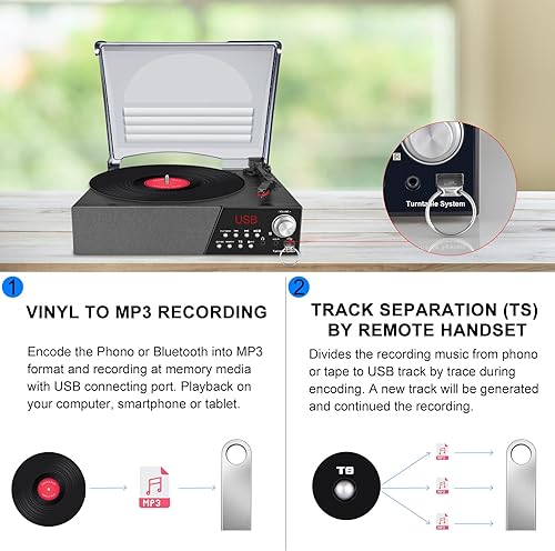 Miniatura 6 de LUXSWAY Tocadiscos, tocadiscos con altavoces estéreo para discos de vinilo, Bluetooth vintage de 3 velocidades, control remoto, radio FMreproducción